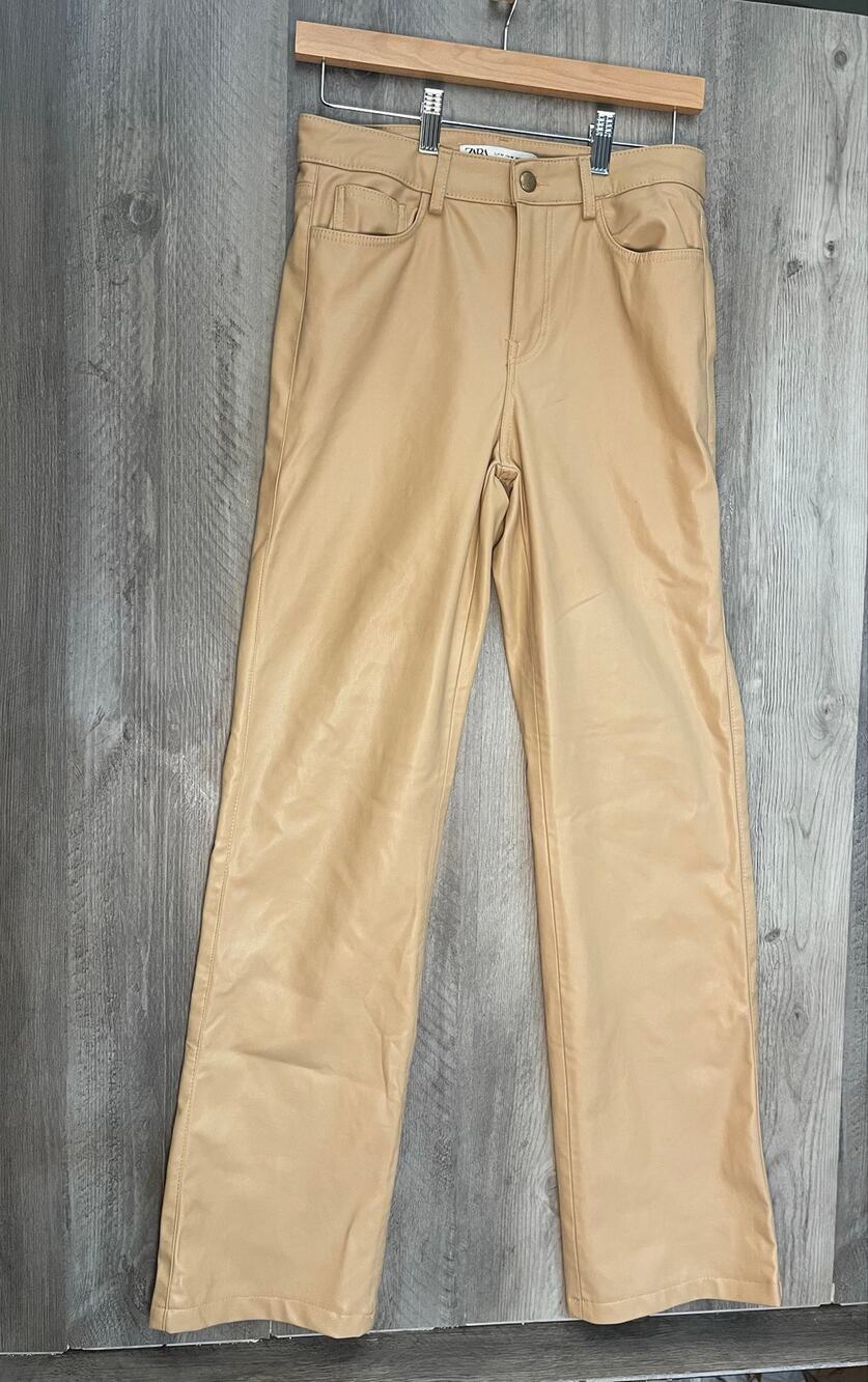 Zara Women’s Size 4 Tan Faux Leather Straight Leg Pants High Rise Vegan